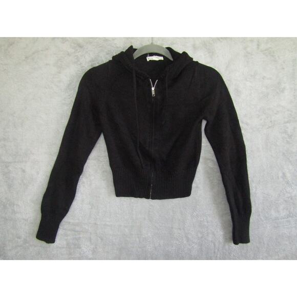Aeropostale Girls M Black Knit Zip Hoodie Cropped Y2K Sweater Soft Stretch - Picture 1 of 5